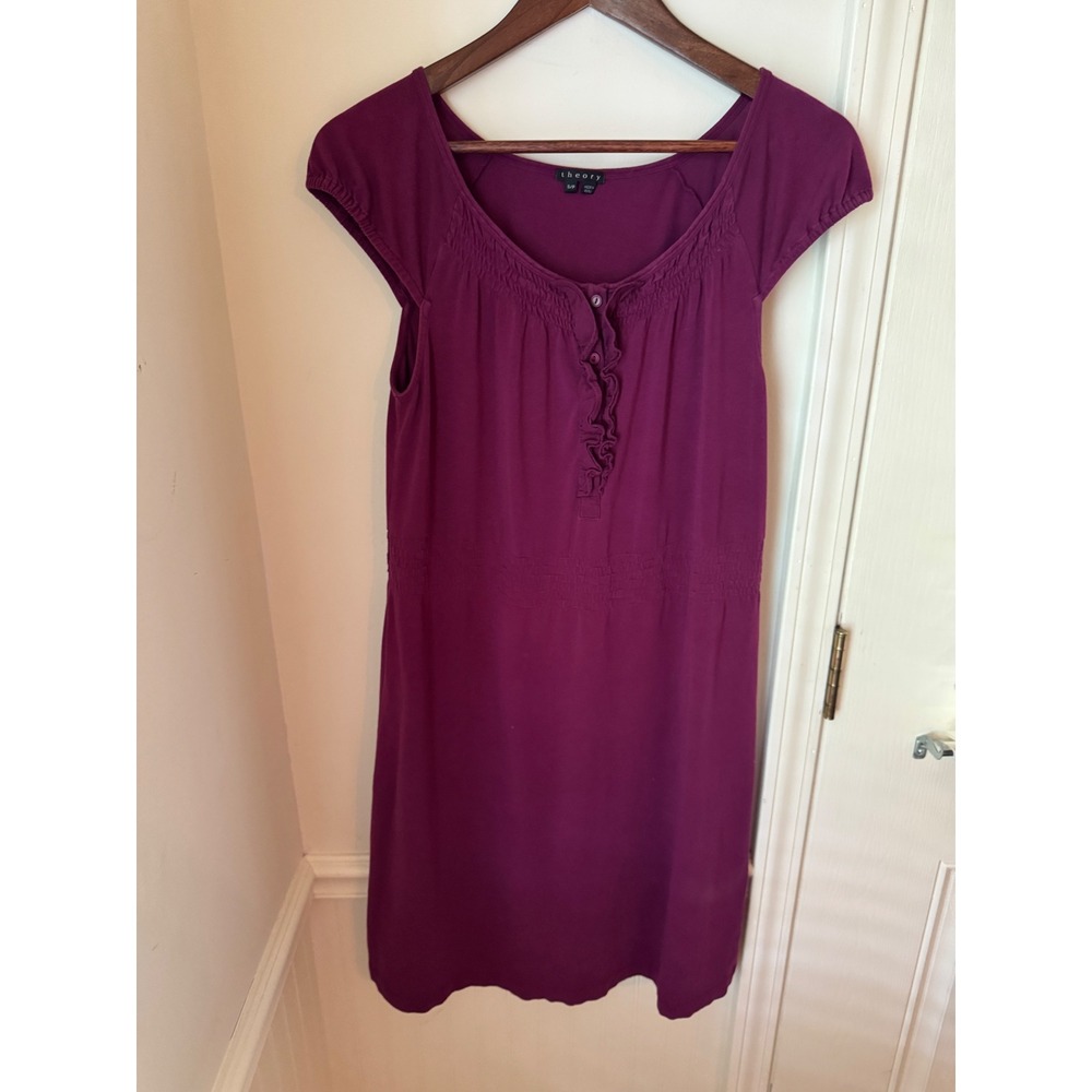 Theory Womens Purple Ruffle Smocked Cap Sleeve Henley Knee Length Dress Small